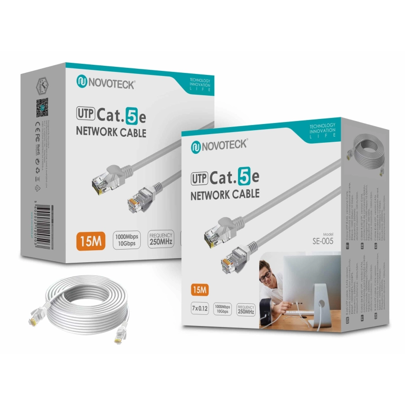 Cabo de Rede Novoteck UTP Cat.5e SE-005 – 15m, RJ45,Alta Velocidade 1000 Mbps, 250MHz