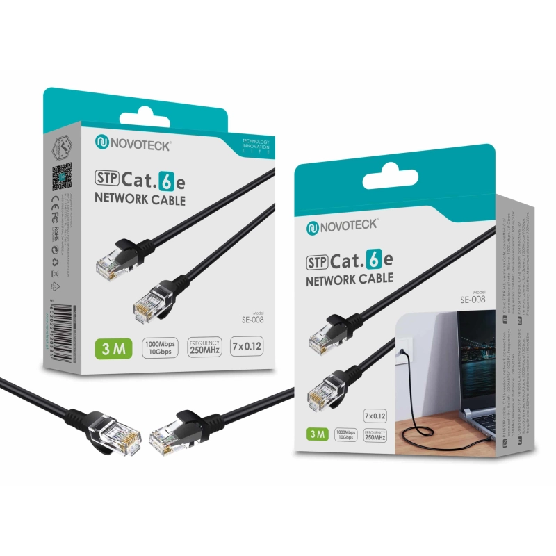 Cabo de Rede Blindado Novoteck STP Cat.6e SE-008 – 3,0m, 1000 Mbps, Conectores RJ45