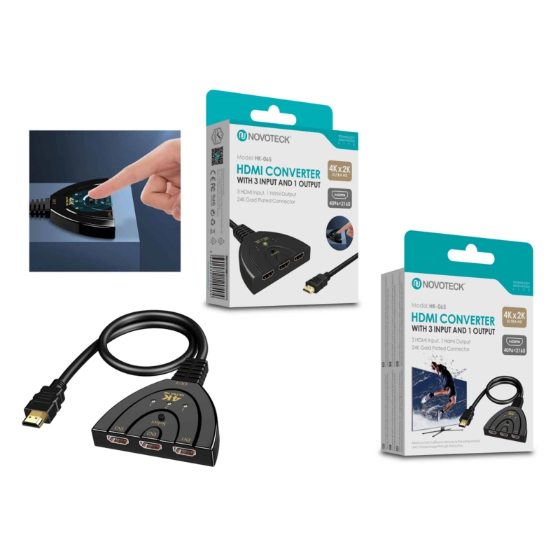 Conversor HDMI NOVOTECK - Selecionador 3 em 1 com 4K Ultra HD HK-065