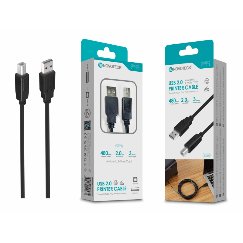 Cabo de Impressora USB 2.0 Alta Velocidade, Plug & Play, 3m Novoteck S-073