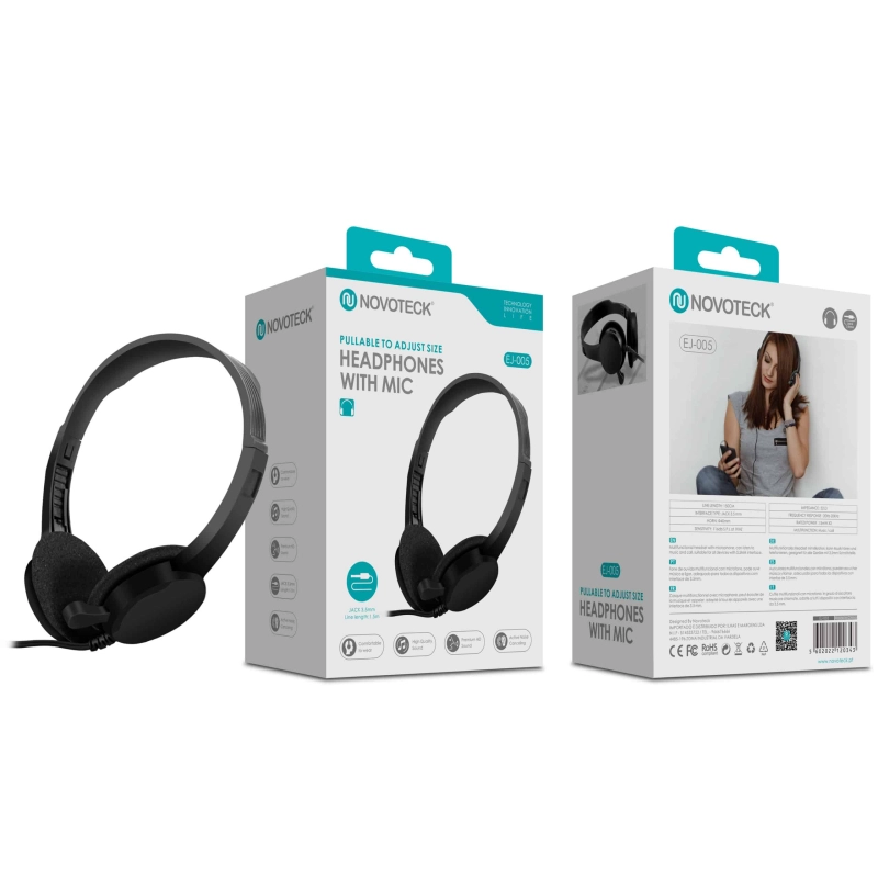 Auscultadores com Microfone NOVOTECK EJ-005 - Conforto Ajustável e Som de Qualidade