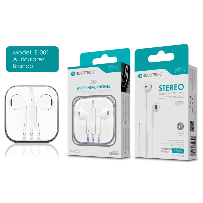 Auriculares Estéreo Branco NOVOTECK E-001 com Microfone