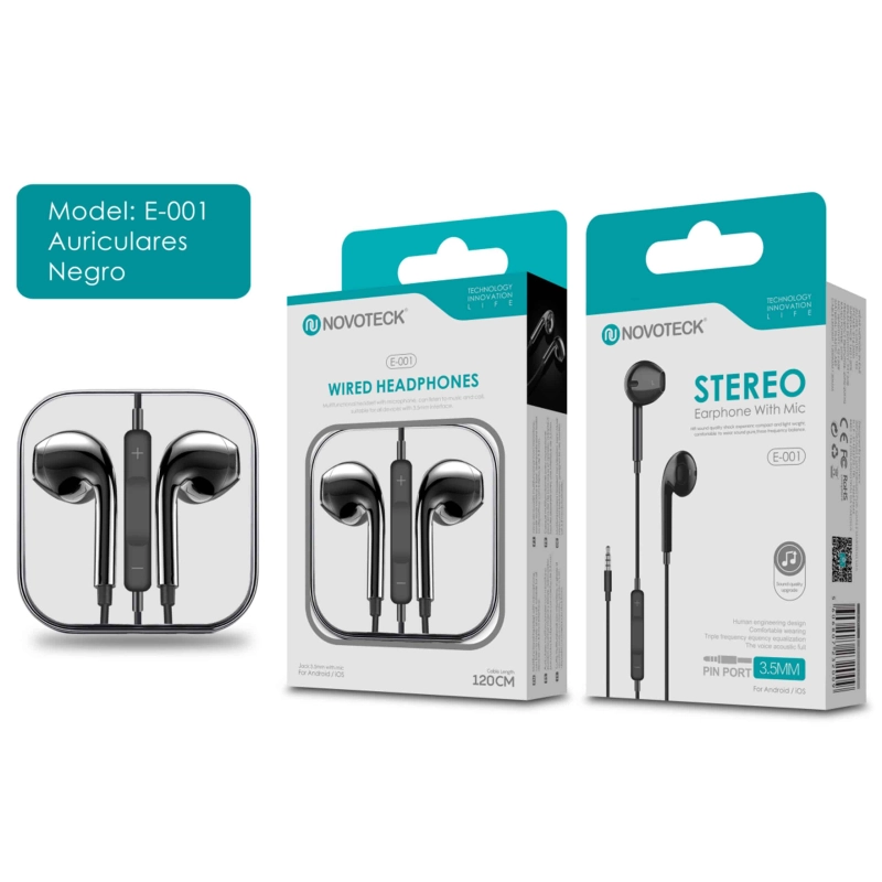 Auriculares Estéreo Negro NOVOTECK E-001 com Microfone
