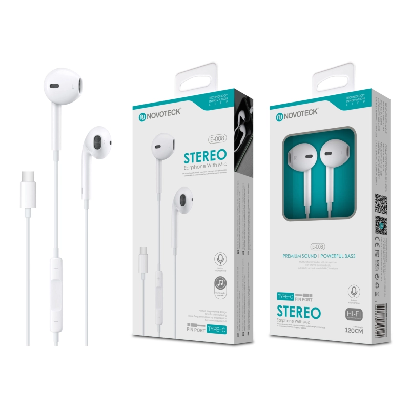E-008 Fones Com Micro - Branco - 120Cm - Type-C