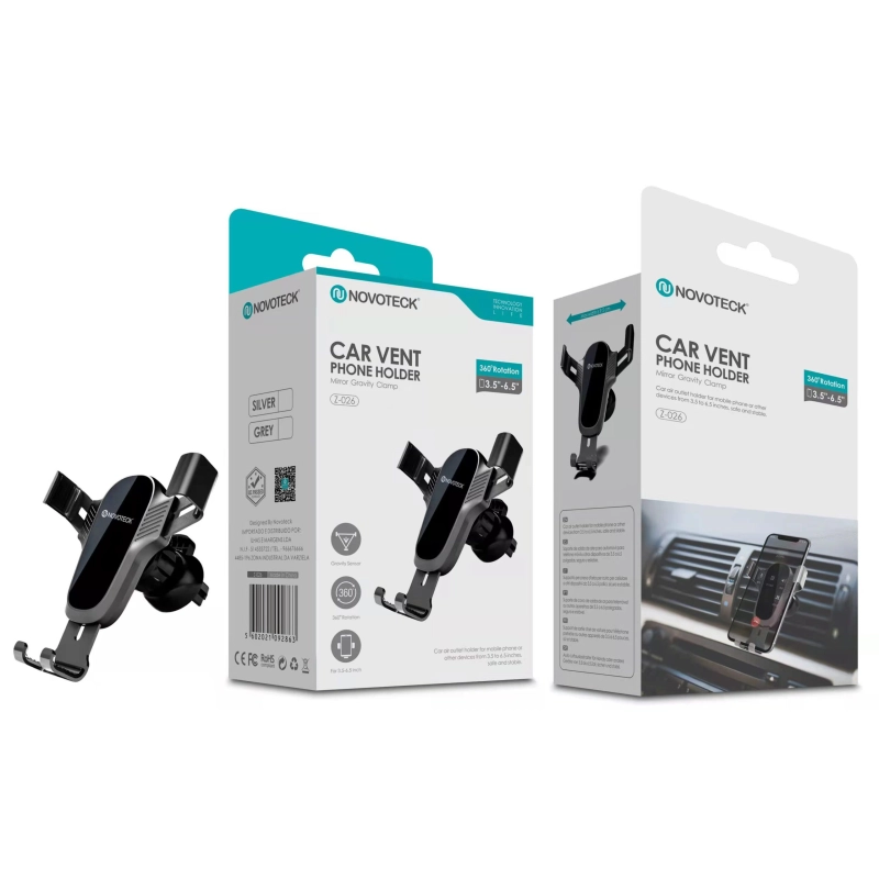 Suporte para Ventilação de Carro Novoteck Z-026 - Mecanismo de Gravidade, Rotação 360°, Cores Prateado/Cinza, para Telemóveis 3,