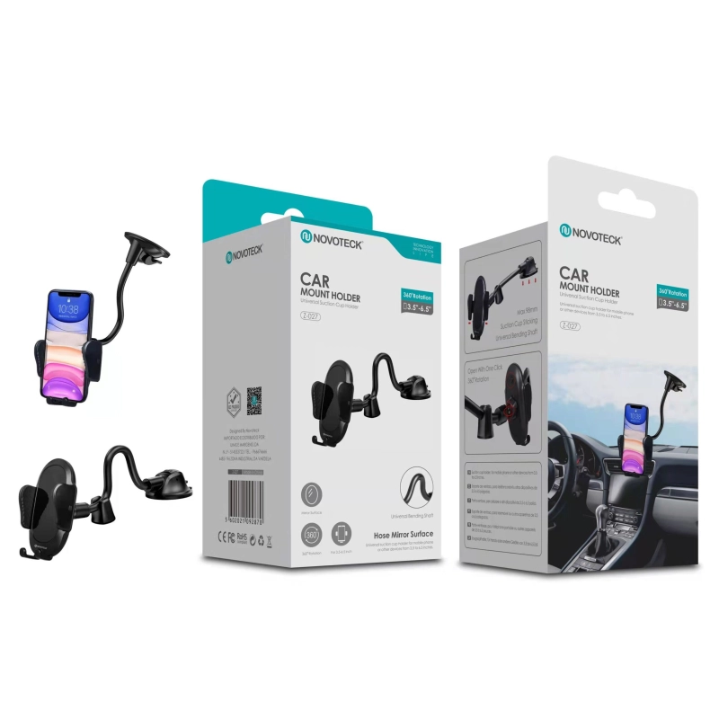 Suporte Universal de Telemóvel para Carro Novoteck Z-027 - Rotação 360°, Braço Flexível, Ventosa com Bloqueio, Design Elegante