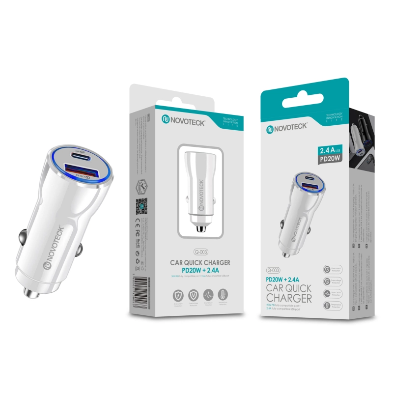 Carregador Rápido Automóvel Novoteck Q-003 com Tecnologia PD 20W e USB 2.4A