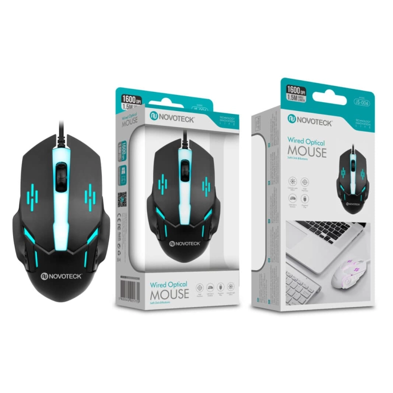 Rato Óptico Iluminado Negro JS-006 com Fio - 1600 DPI Ajustável, Design Ergonómico, Plug-and-Play